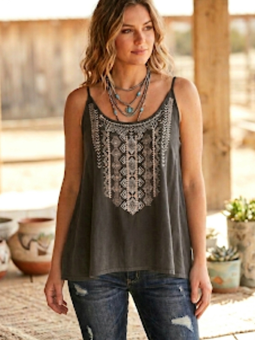 Stetson Gray Embroidered Boho Southwestern Cami Tank Top Size Medium